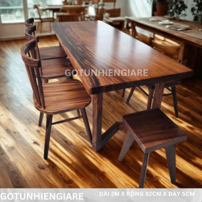 Bộ Bàn Ghế Gỗ Me Tây 2m x 82cm Kèm 3 Ghế Tựa 2 Ghế Đẩu