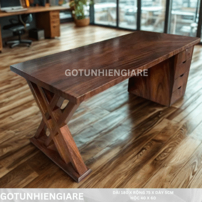 Bàn Làm Việc Gỗ Me Tây 180 x 75cm – Dày 5cm, Hộc Tủ 40x60cm
