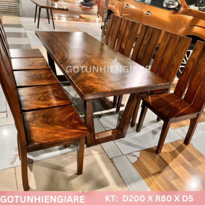 Bộ Bàn Ghế Gỗ Me Tây Nguyên Tấm 2m x 80cm – Kèm 10 Ghế