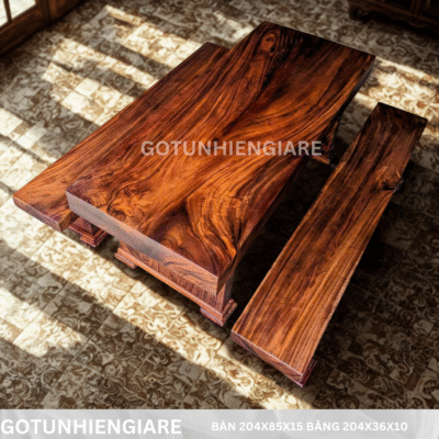 Bộ Bàn Ghế Gỗ Me Tây Nguyên Tấm Dày 15cm Dài 2m04