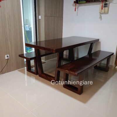 Bộ Bàn Ăn Gỗ Me Tây 1m8 x 80cm 2 Ghế Băng, Mặt Bàn Dày 5cm